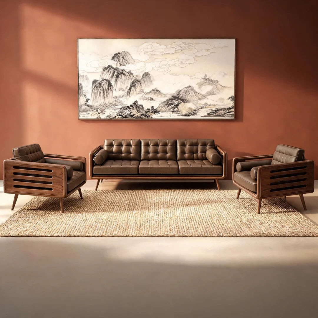 Modern Chinese Black Walnut & Genuine Leather Straight Sofa Set –  Mortise & Tenon Frame
