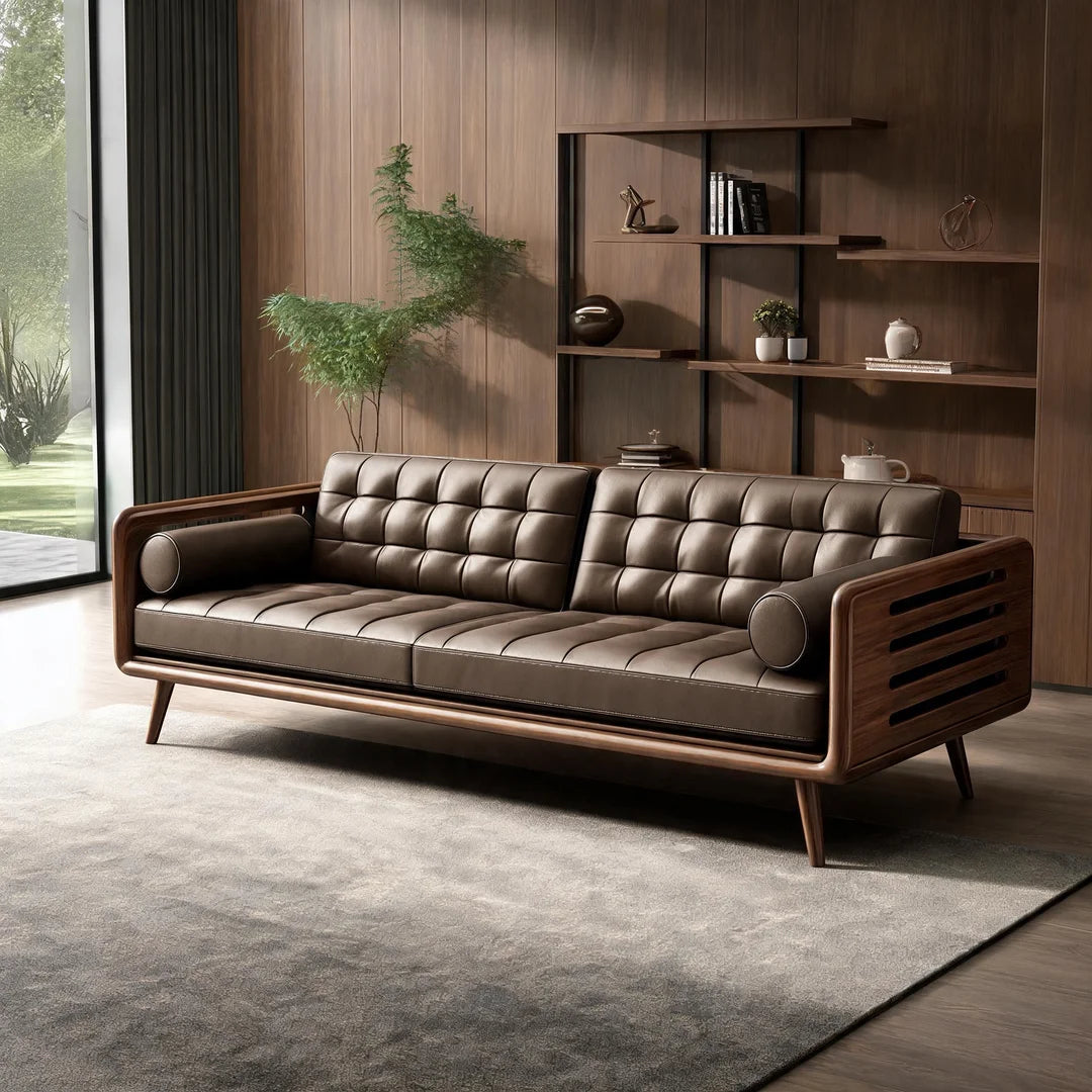 Modern Chinese Black Walnut & Genuine Leather Straight Sofa Set –  Mortise & Tenon Frame