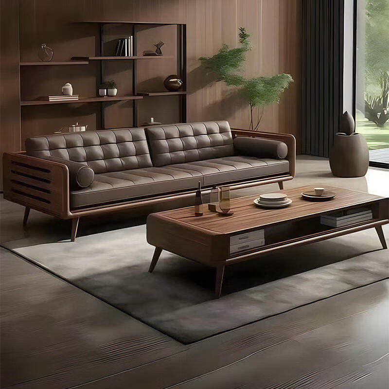 Modern Chinese Black Walnut & Genuine Leather Straight Sofa Set –  Mortise & Tenon Frame