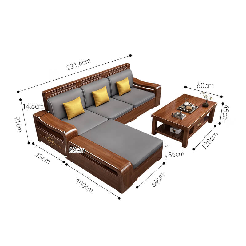 Modern Chinese Walnut Solid Wood Sectional  Sofa Set with Storage & Chaise Lounge for Living Room