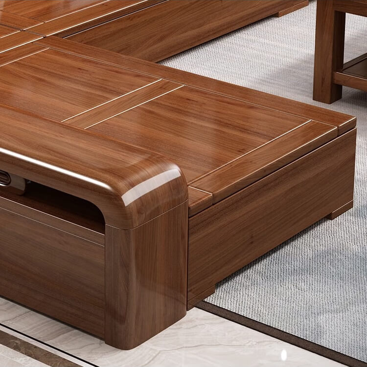 Modern Chinese Walnut Solid Wood Sectional  Sofa Set with Storage & Chaise Lounge for Living Room
