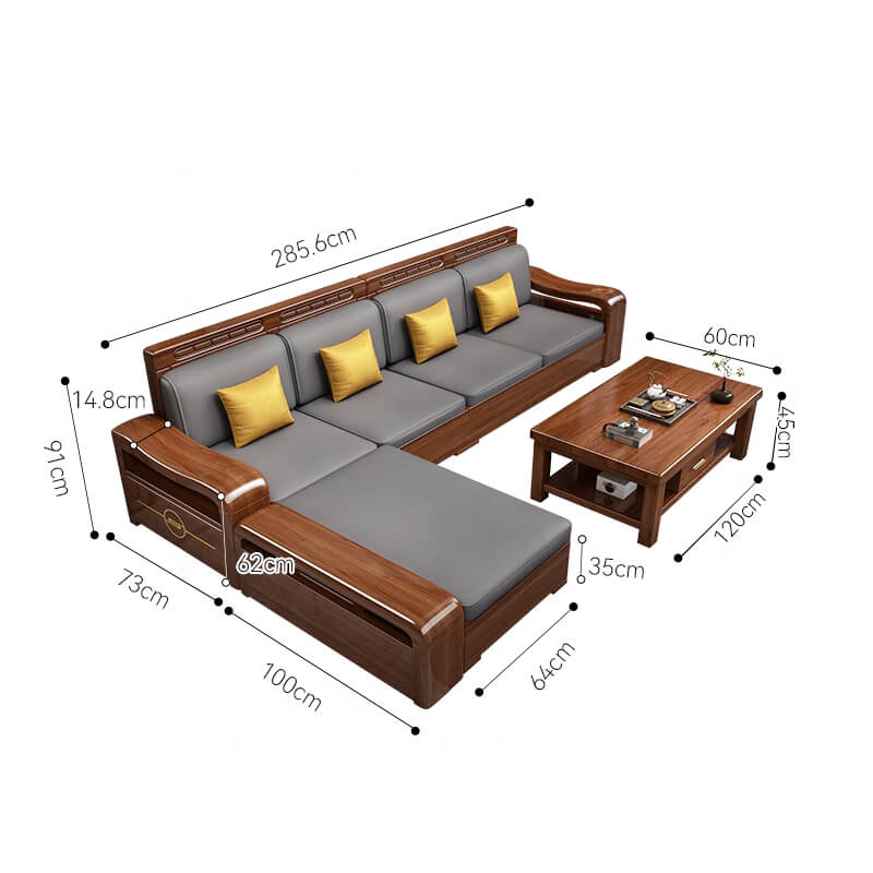 Modern Chinese Walnut Solid Wood Sectional  Sofa Set with Storage & Chaise Lounge for Living Room