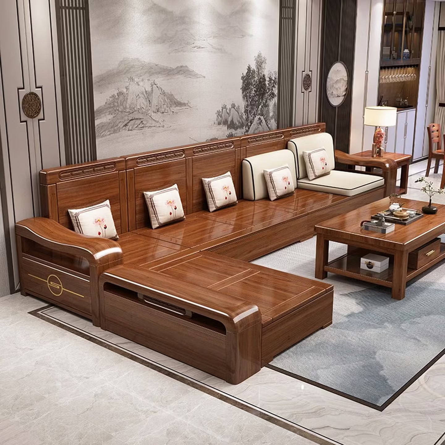 Modern Chinese Walnut Solid Wood Sectional  Sofa Set with Storage & Chaise Lounge for Living Room