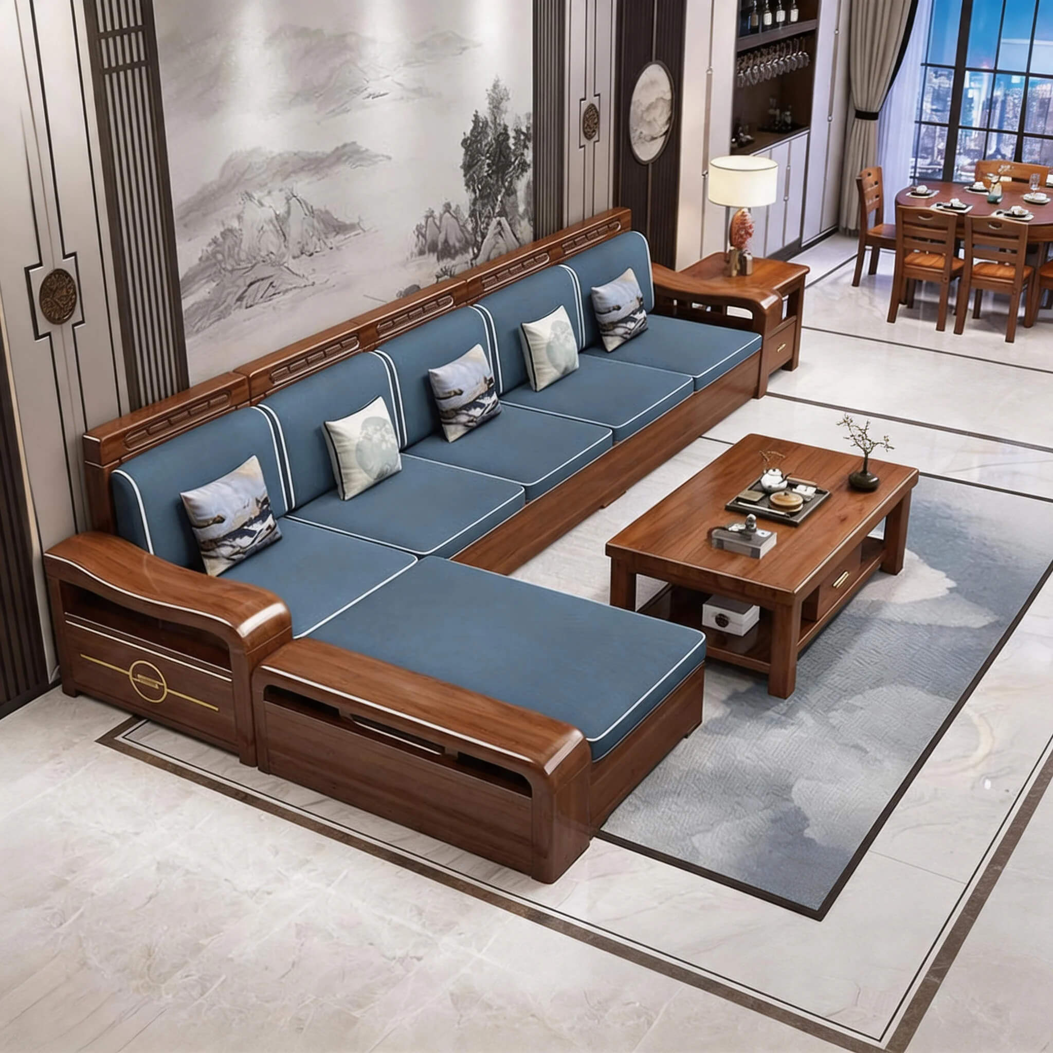 Modern Chinese Walnut Solid Wood Sectional  Sofa Set with Storage & Chaise Lounge for Living Room