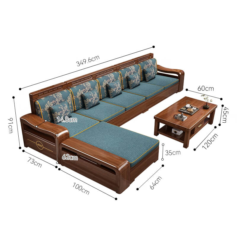 Modern Chinese Walnut Solid Wood Sectional  Sofa Set with Storage & Chaise Lounge for Living Room