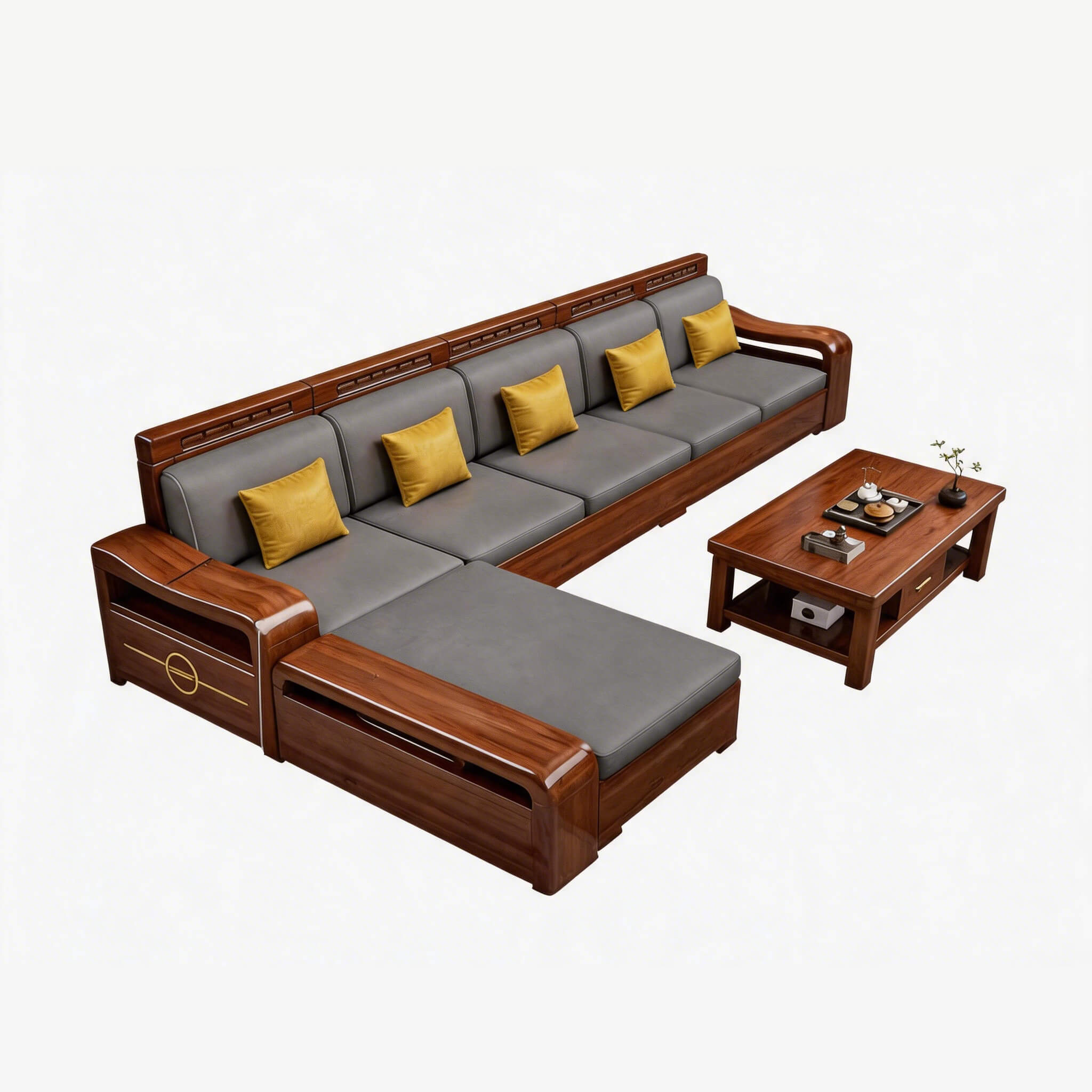Modern Chinese Walnut Solid Wood Sectional  Sofa Set with Storage & Chaise Lounge for Living Room