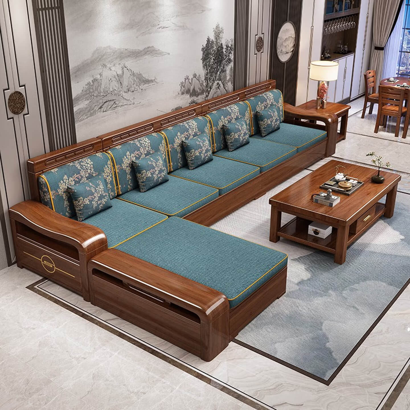 Modern Chinese Walnut Solid Wood Sectional  Sofa Set with Storage & Chaise Lounge for Living Room