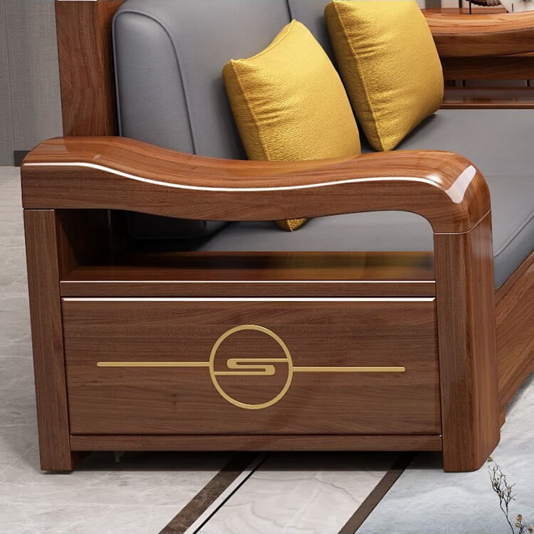 Modern Chinese Walnut Solid Wood Sectional  Sofa Set with Storage & Chaise Lounge for Living Room
