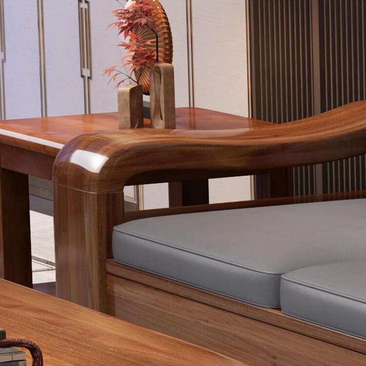 Modern Chinese Walnut Solid Wood Sectional  Sofa Set with Storage & Chaise Lounge for Living Room