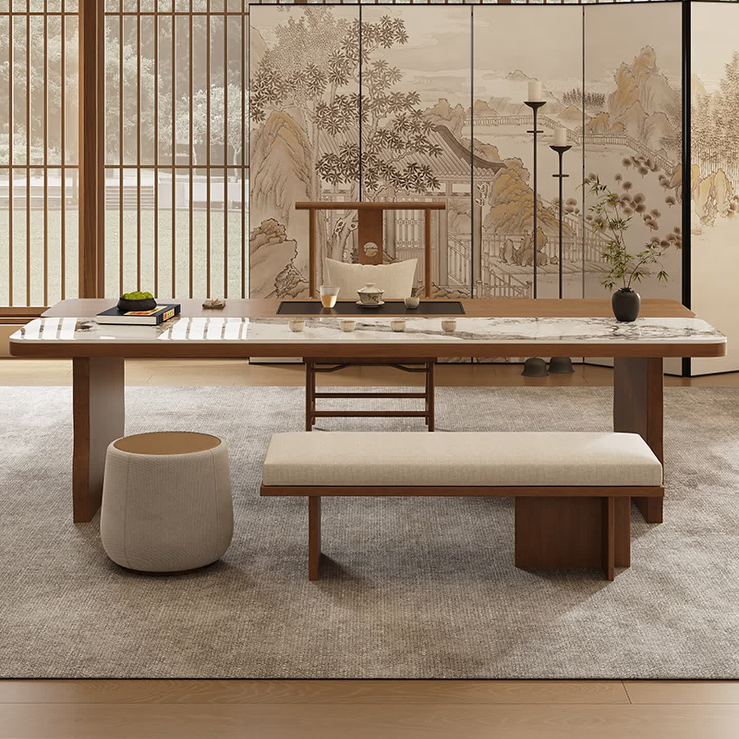 Modern Chinese Zen Solid Wood Tea Table Set with Modular Seating
