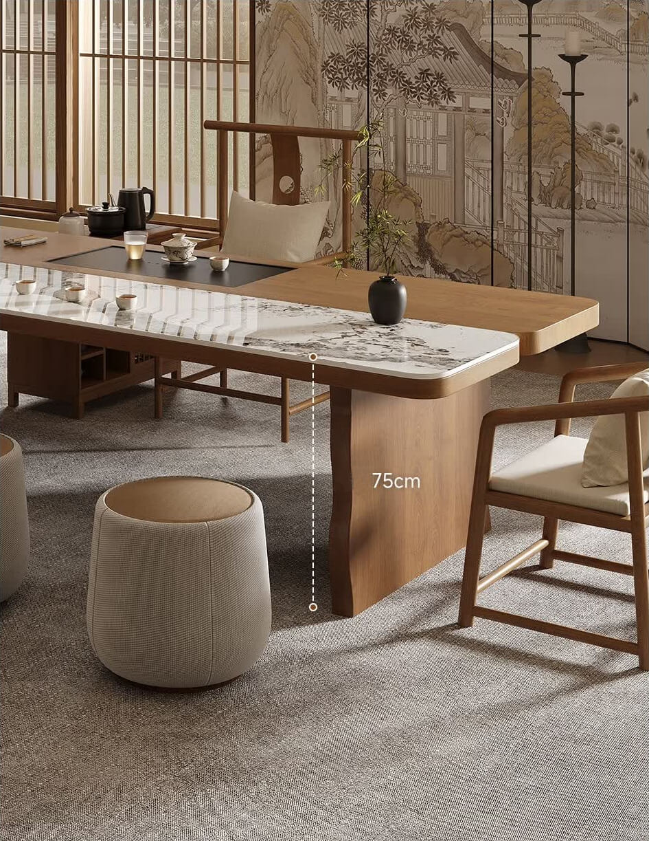 Modern Chinese Zen Solid Wood Tea Table Set with Modular Seating