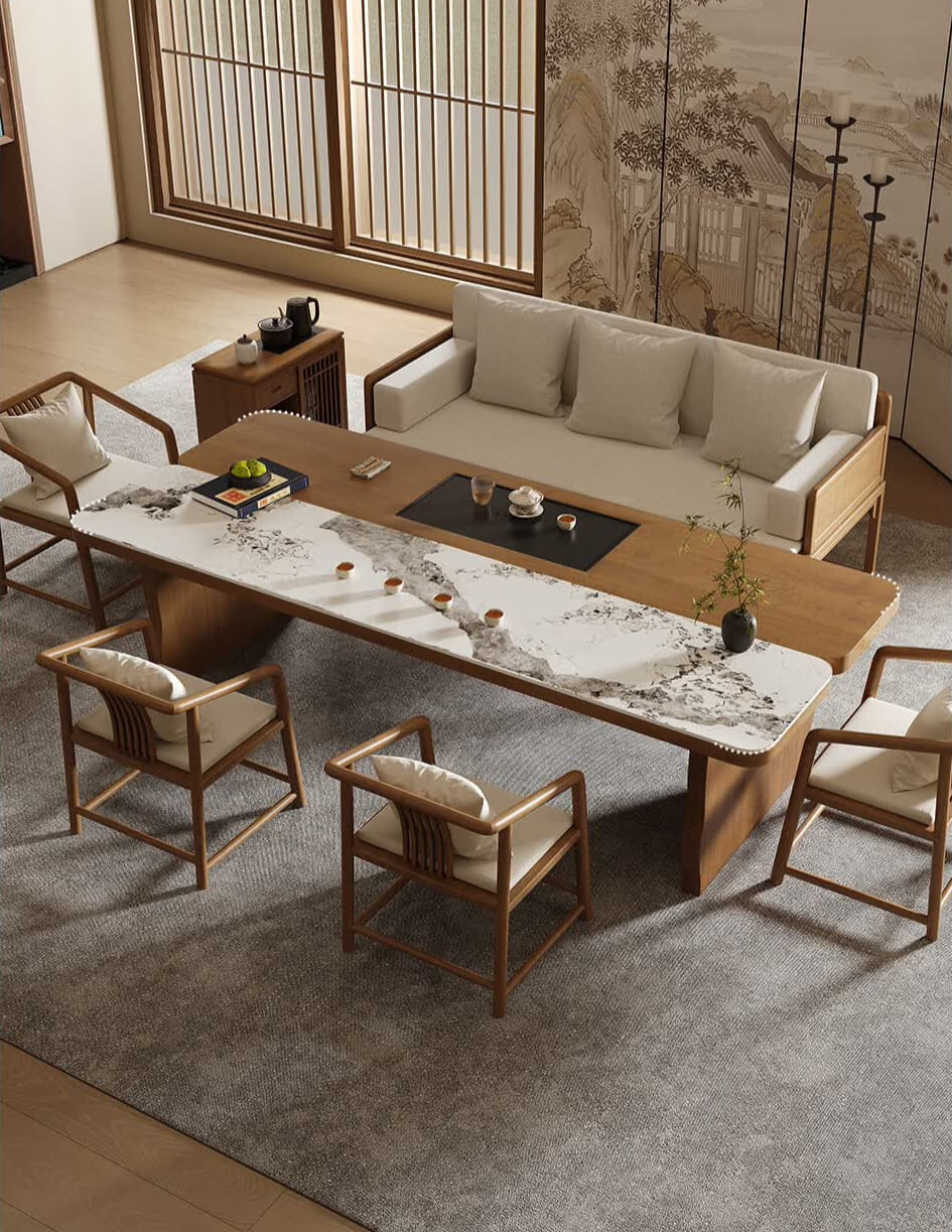 Modern Chinese Zen Solid Wood Tea Table Set with Modular Seating
