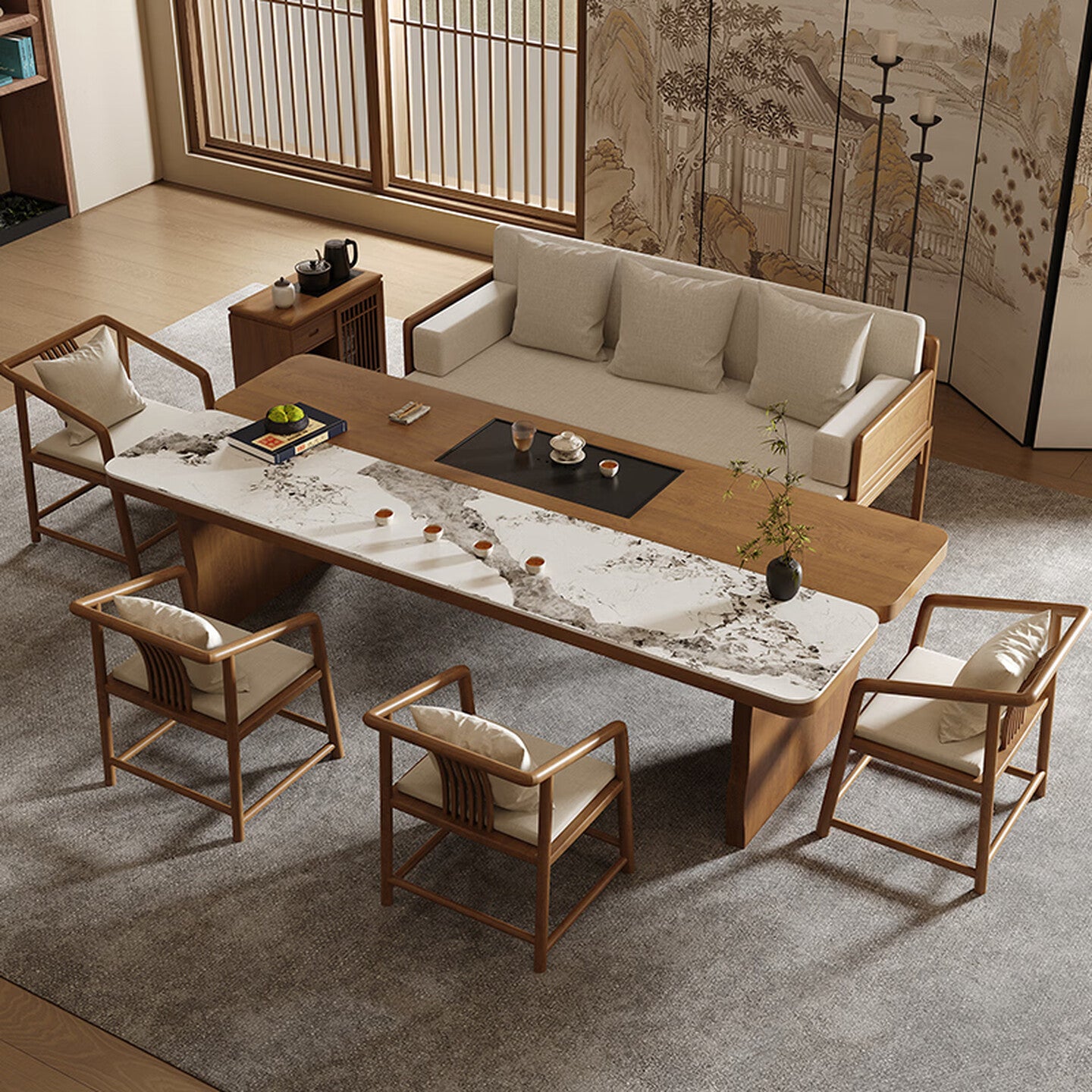 Modern Chinese Zen Solid Wood Tea Table Set with Modular Seating