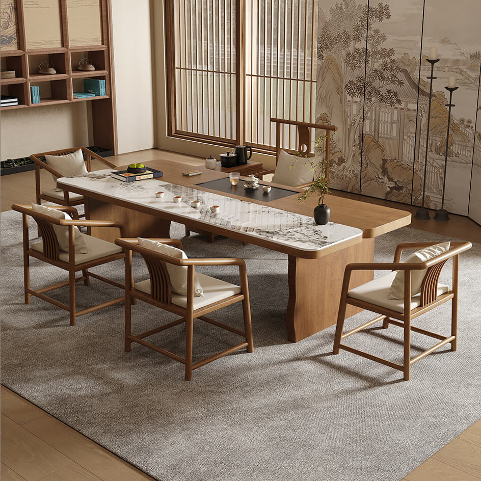 Modern Chinese Zen Solid Wood Tea Table Set with Modular Seating