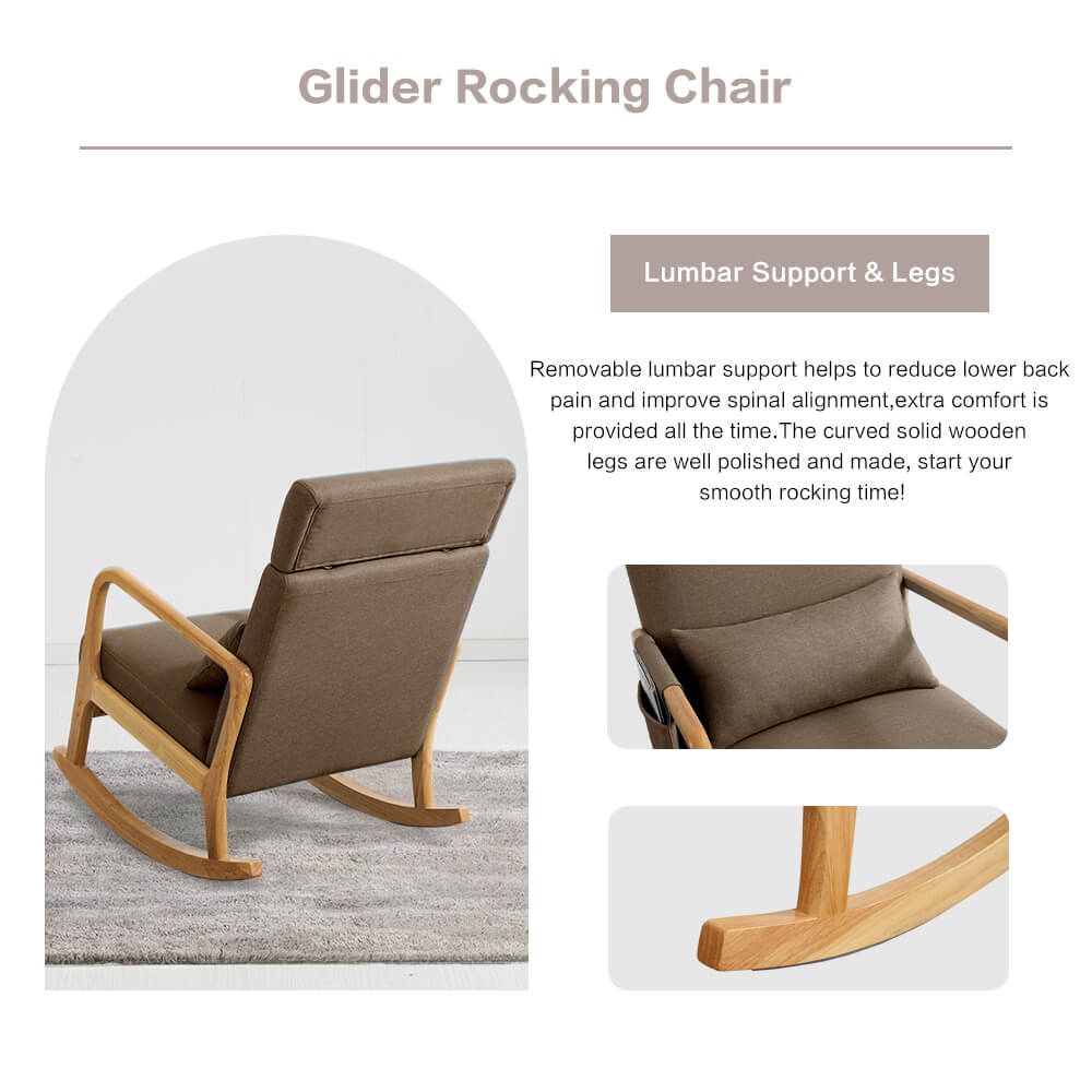 Solid Wood Rocking Chair with Thick Cushion, Glider, Adjustable Headrest and Lumbar Support