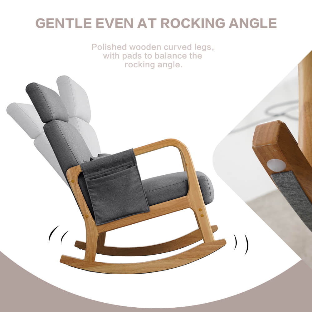 Solid Wood Rocking Chair with Thick Cushion, Glider, Adjustable Headrest and Lumbar Support