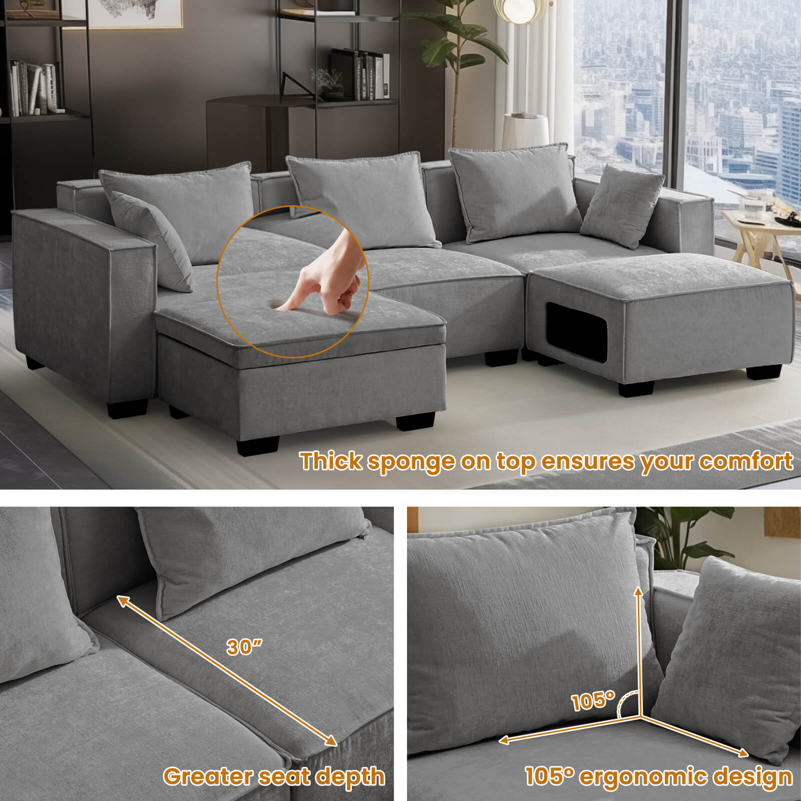 Sectional Sofa, Modern Chenille Fabric, U Shape Sectional 5 Seater Living Room Chaise, with Storage/Pet Sofa