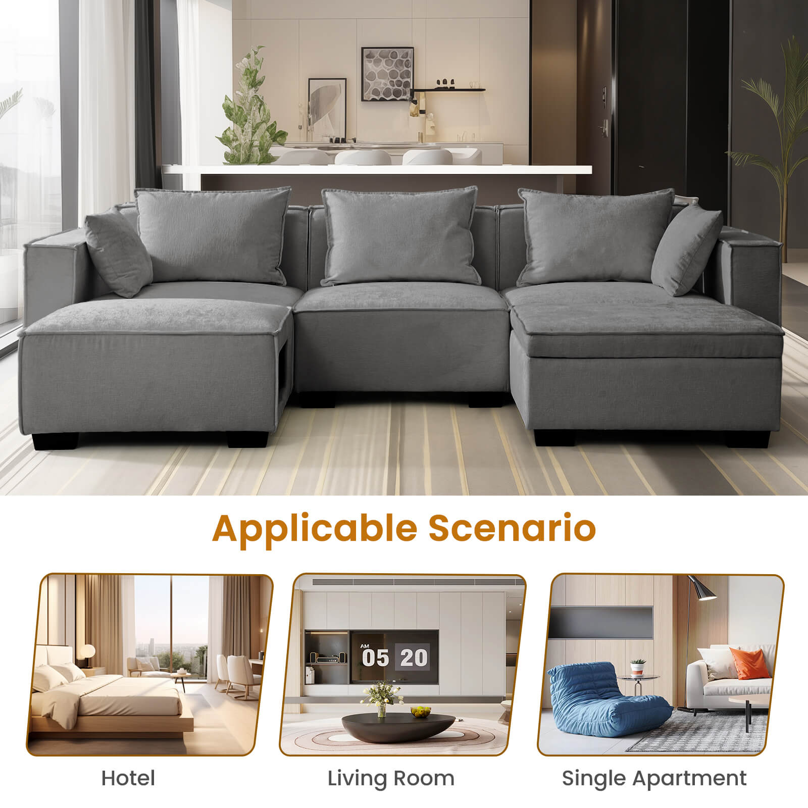 Sectional Sofa, Modern Chenille Fabric, U Shape Sectional 5 Seater Living Room Chaise, with Storage/Pet Sofa