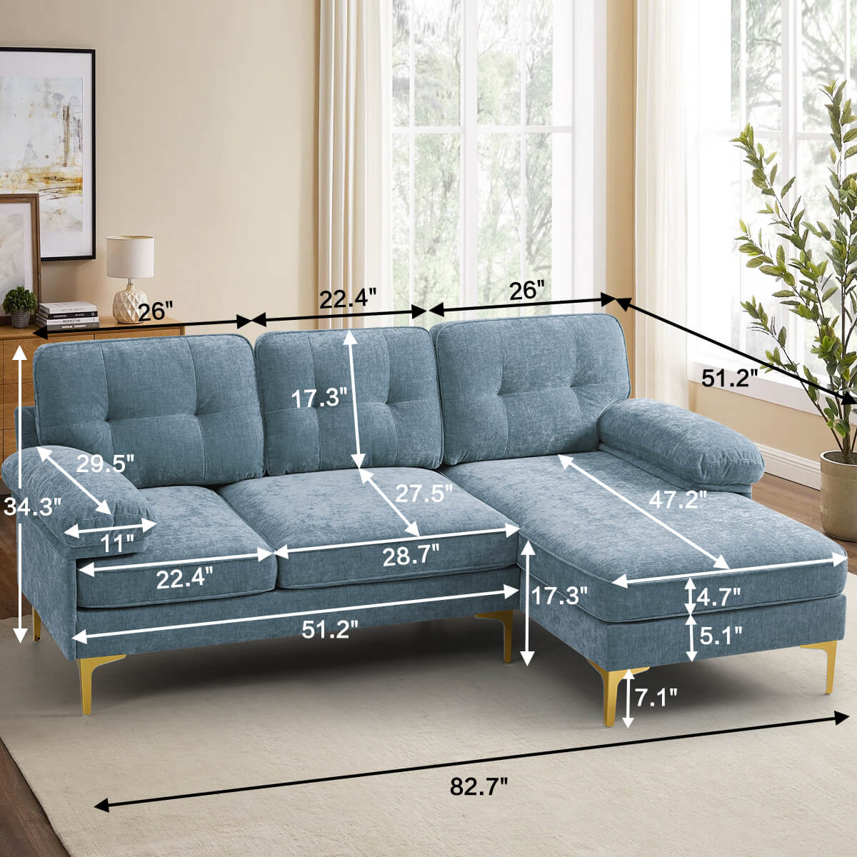 Convertible Sectional Sofa 83" L Shaped Couch with Reversible Chaise, Chenille Fabric