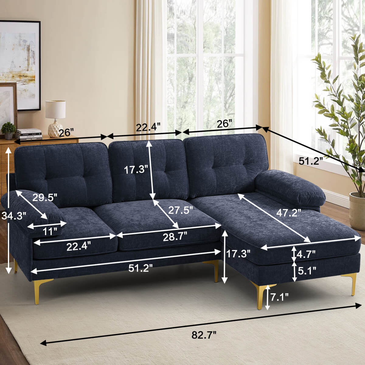 Convertible Sectional Sofa 83" L Shaped Couch with Reversible Chaise, Chenille Fabric