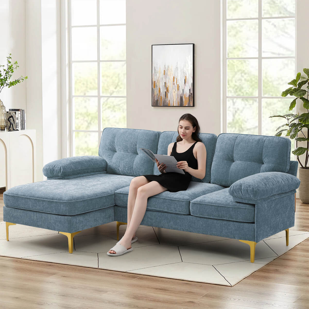 Convertible Sectional Sofa 83" L Shaped Couch with Reversible Chaise, Chenille Fabric