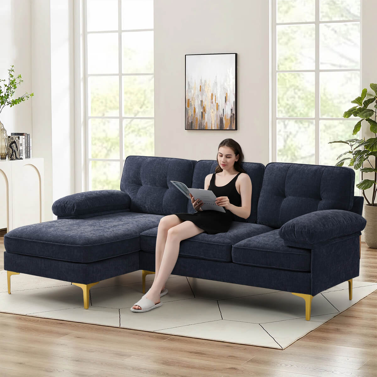 Convertible Sectional Sofa 83" L Shaped Couch with Reversible Chaise, Chenille Fabric