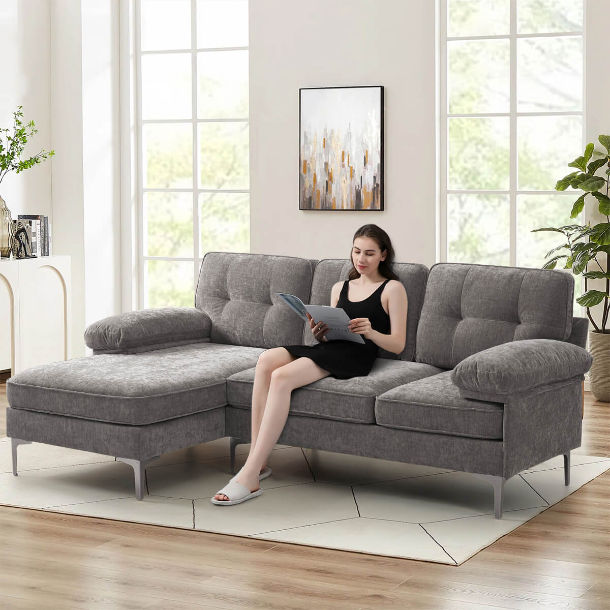 Convertible Sectional Sofa 83" L Shaped Couch with Reversible Chaise, Chenille Fabric