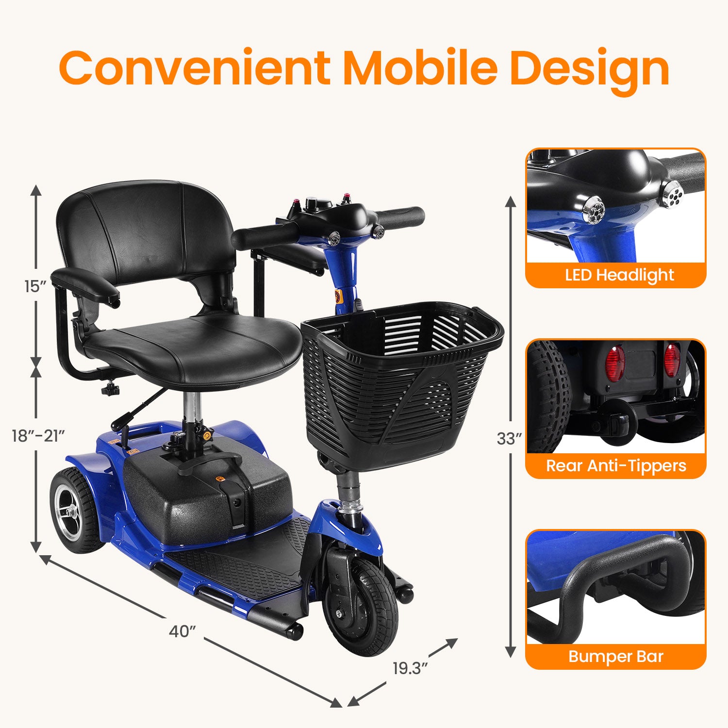 THLAND  Mobility Scooter - Portable Folding Electric Mobility Scooter Ideal for Seniors, Adults, Handicapped, and Elderly Travelers. Comes with Battery, Charger, and Basket Included，blue